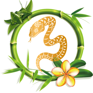 golden snake in a circle of green bamboo