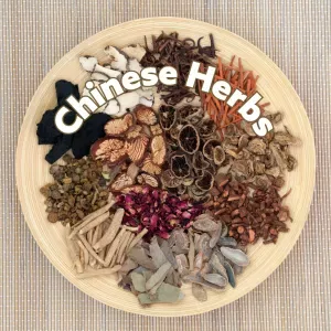 plate with a variety of whole Chinese herbs 