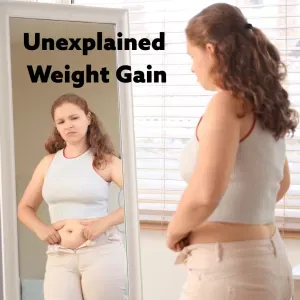 Woman having trouble getting her pants on.