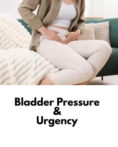 Woman holding pelvic area in discomfort due to incontinence