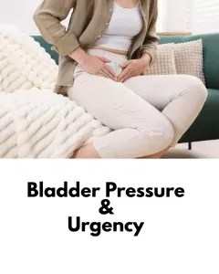 Woman holding pelvic area in discomfort due to incontinence